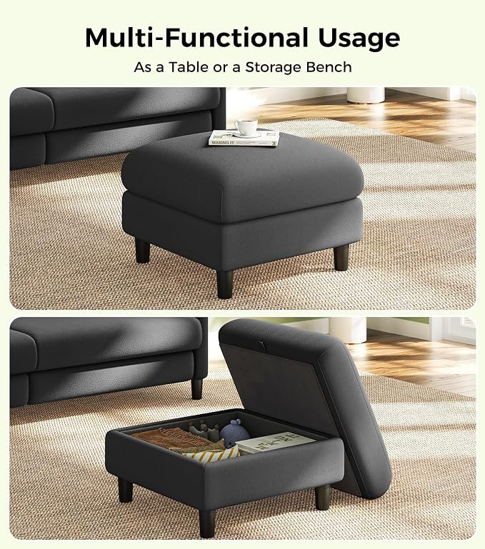Welzona Teddy Storage Ottoman, 26.7" Large Living Room Ottoman, All-Wood Coffee Table Ottomans with Storage, Tool-Free Setup Ottomans for Living Room, Bench for Bedroom, Grey