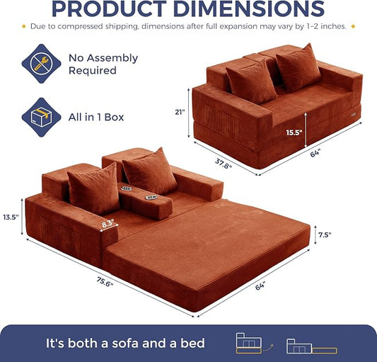 MAXYOYO Loveseat Sofa Bed, 64" Foldable Floor Sofa Couch in A Box with 2 Cup Holders, 4 in 1 Convertible Boneless Couch Folding Recliner Chair for Living Room, No Assembly Required, Orange