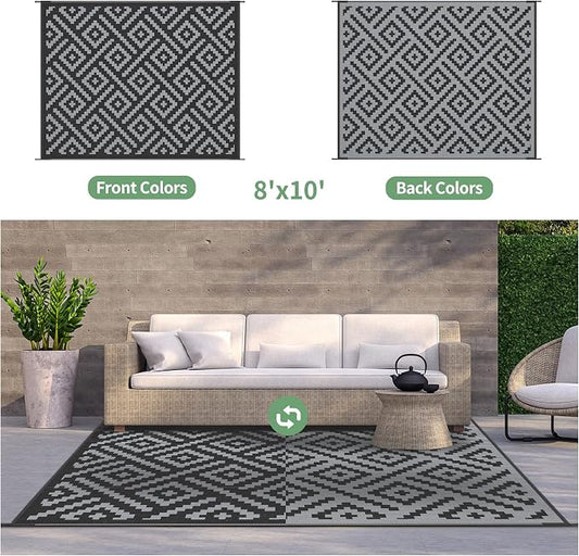 GENIMO Outdoor Rugs 8'x10' Waterproof, Reversible Mats, Area Plastic Straw Rug, Outside Carpet, Geometric Rv Mat for Patio Camping Rv Picnic Backyard Deck Balcony Porch Beach Trailer (Black & Grey)