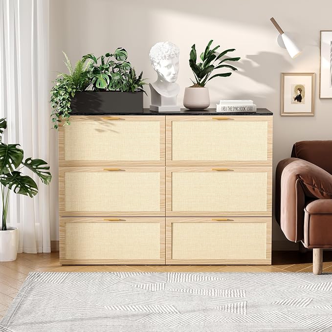 VINGLI Full Size Rattan Murphy Bed with Storage Drawer,2 Charging Station, Boho,Hideaway Paltform Panel Bed for Small Spaces,Guest Room,Office,Apartment, Space-Saving Cabinet Bed,Oak White