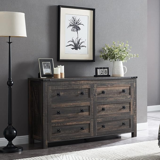 T4TREAM 54" Wide Farmhouse 6-Drawer Dresser for Bedroom, Dark Rustic Oak | Rustic, Wood Storage Cabinet, Metal Handle, Unique Corner Accent, Bedroom, Living Room, Hallway