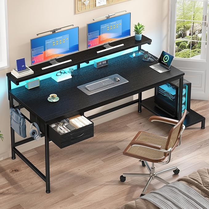 DurayLoly 39.3" Gaming Desk with Power Outlet and LED Lights,Computer Desk with Adjutable Monitor Stand and Drawer,Office Desk with CPU Stand for Home Work,Study and Gaming, Small Spaces,Black