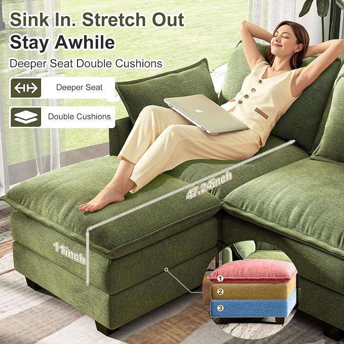 58" Cloud Couch Loveseat, Deep Seat Modular Sectional Sofa with 4 Removable Washable Pillows and 2 Ottoman for Living Room, Bedroom, Apartment, Green