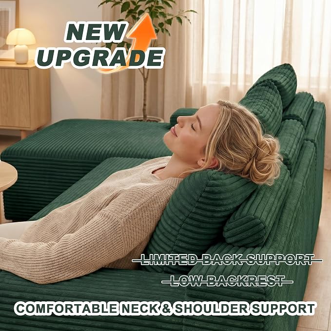 Mangodan 118'' Cloud Sectional Couch, U Shaped Boneless Couches for Living Room, Modular Sectional Sofa with Deep Seat Right Facing Chaise, Comfy Cloud Couch Sofa, Green
