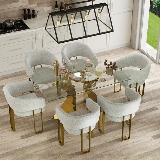 Dining Chairs Set of 6, Off White Boucle Upholstered Kitchen & Dining Room Chairs with Armrest, U-Shaped Brushed Gold Metal Legs