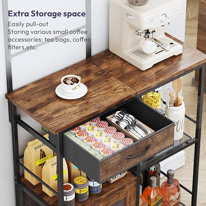SWTYMIKI Coffee Bar with Hanging Rack - Farmhouse Coffee Stand Station Multi-Purpose Buffet Sideboard Cabinet with Drawers - Kitchen Bar Table for Living Room, Corner, Small Space, Espresso