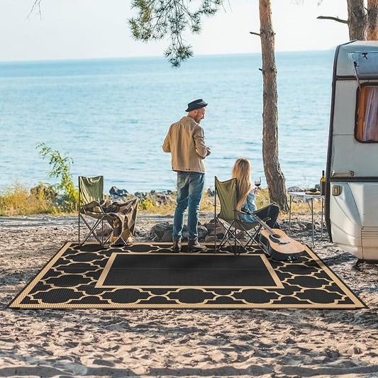 GENIMO 5' x 8' Outdoor Rug Waterproof for Patio Decor, Foldable Reversible Plastic Straw Area Rugs Mat for Camper, Outside Carpet for Rv, Deck, Porch, Picnic, Beach, Balcony, Black & Brown