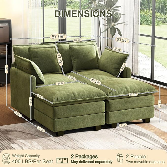58" Cloud Couch Loveseat, Deep Seat Modular Sectional Sofa with 4 Removable Washable Pillows and 2 Ottoman for Living Room, Bedroom, Apartment, Green