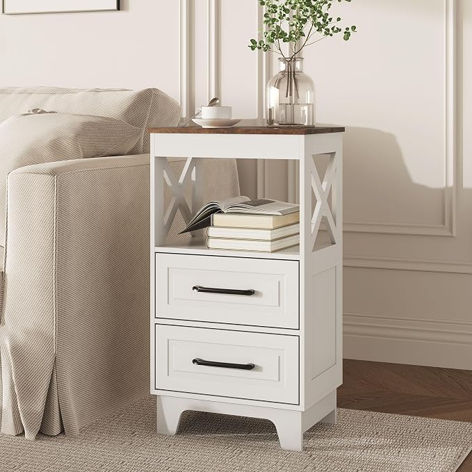 Tall Nightstand Set of 2 Side Table with 2 Drawers Modern Night Stand Wooden Rustic End Table Bedside Table with Below Open Shelf Solid Feet for Bedroom White+Walnut
