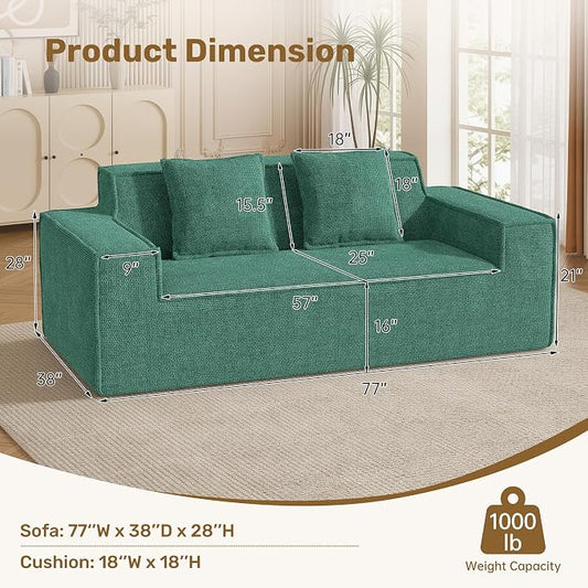 Luxanimarion 77'' Modern Small Loveseat, No Assembly Required Cloud Sofa Cloud Sofa Boneless Couches with 2 pcs Pillows for Living Room, Apartment(Polar Fleece-Green)