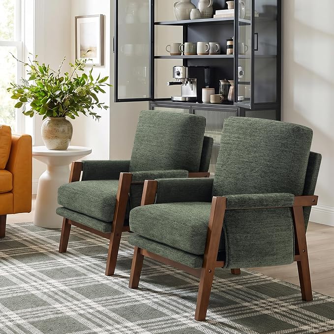 RNKSFX Green Accent Chair for Bedroom & Living Room, Mid Century Modern Accent Arm Chair, Upholstered Anthropologie Accent Chair with Solid Wood Frame, Fabric