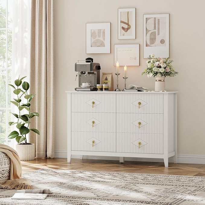 GarveeHome Fluted Dresser for Bedroom, 47.2 Inch Wide 6-Drawer Wood Dresser, Modern Chest of Drawers, Storage Organizer Cabinet for Living Room, Hallway, Entryway, White