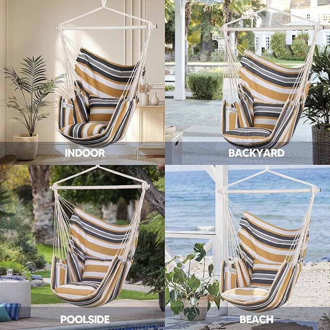 SUNCREAT Hammock Chair Swing with Steel Support Bar, Side Pocket, Large Hanging Chair Outdoor, Max 450lbs Capacity, Coffee Stripes