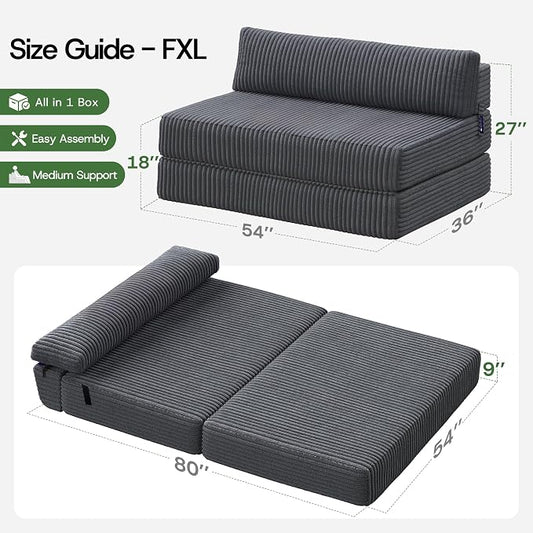 Convertible 4-in-1 Folding Sofa Bed 54" Loveseat Boneless Sleeper Chair Couch Foldable Chaise Lounger & Mattress Pocket Coils+Foam Medium Support, Portable No Assembly for Living Room/Bedroom, Full XL