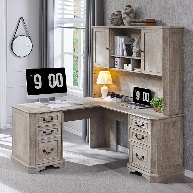 T4TREAM 59" Executive L Shaped Desk with Hutch,Victorian Wood Computer Desk, Featuring Charging Station,File Drawer, Storage Cabinet,for Home Office Work and Study (Light Rustic Oak)