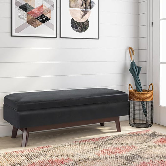 SIMPLIHOME Owen Rectangular Storage Ottoman - 48 inch Wide Upholstered Vegan Leather Lift-Top Ottoman in Midnight Black, Mid-Century Modern Ottoman for Living Room with Tufted Detail