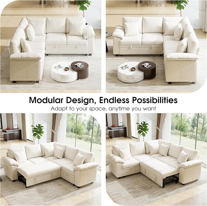 86" Modular Sectional Sleeper Sofa with Pull Out Bed, L Shaped 5 Seat Couch with 151L Storage, Convertible Cloud Couch Bed, Sectional Couches for Living Room, Apartment (Beige)