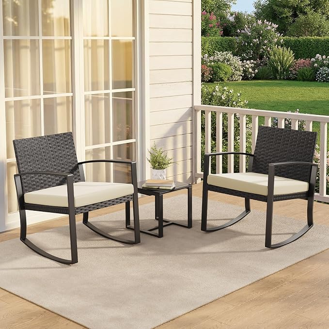 Qsun 3 Pieces Porch Furniture Set Patio Rocking Bistro Set Outdoor Patio Chairs Rattan Conversation Sets with Coffee Table for Front Porch Garden Balcony Backyard Poolside (Beige Cushion)