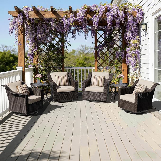 6 Pieces Patio Conversation Furniture Set - 4 Swivel Chairs, 2 Side Tables, Outdoor Wicker Furniture with Removable Cushions for Porch, Sunroom (Beige)