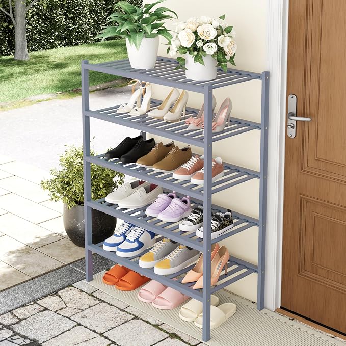 Smiry Bamboo Shoe Rack, 5 Tier Free Standing Wooden Shoe Organizer, Stackable Wood Shoe Storage Shelf for Closet, Entryway, 14 Vertical Slats, 2+2+1 Stack Heavy-Duty Legs, 26.8"x11"x32.5", Grey