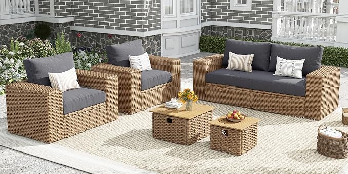 AMERLIFE 6-Piece Patio Sofa Set with Convertible Coffee Table - 8.3" Wide Armrests, UV-Resistant PE Rattan Outdoor Conversation Set for Balcony/Poolside, Waterproof Grey Cushions, Heavy-Duty Wicker
