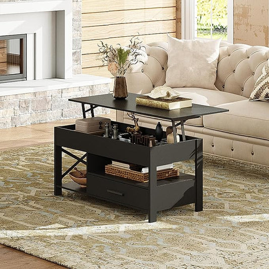 WLIVE Coffee Table, 39" Lift Top Coffee Table with Hidden Compartment, Storage Drawers and Storage Shelf for Living Room, Reception Room, Black