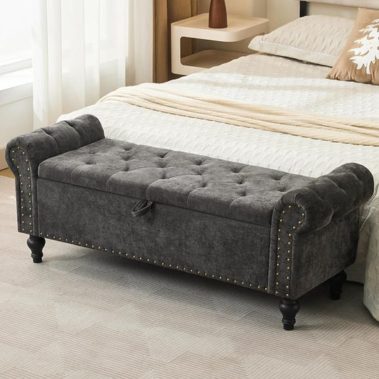 51" Storage Bench for Bedroom, Upholstered Ottoman Bench, Chenille DarkGray | End of Bed Bench for Bedroom, Window Benches for Living Room, Entryway, Ottoman with Large Storage Space, Pet Friendly