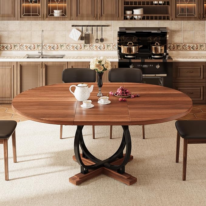 iPormis 59'' Extendable Round Dining Table for 4 to 6, Kitchen Table with Sturdy X-Base Metal Legs, MDF Board with Backboard Clasp, Space Saving, Easy Assembly, Kitchen, Dining Room, Walnut