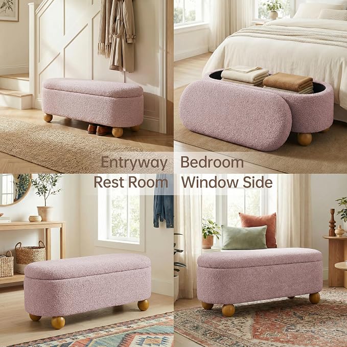 VKNOW 44.8" Storage Ottoman Bench End of Bed Bench, Thickened Upholstered Blanket Chest for Living Room, Entryway Bench with Cute Spherical Solid Wood Stool Legs for Bedroom, Pink