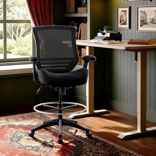 BOLISS 400lbs Mid Back Mesh Ergonomic Drafting Chair for Standing Desk Office Wide Chair Built-in Lumbar Support Big Adjustable Foot Ring Height Adjustable Armrest (Black)