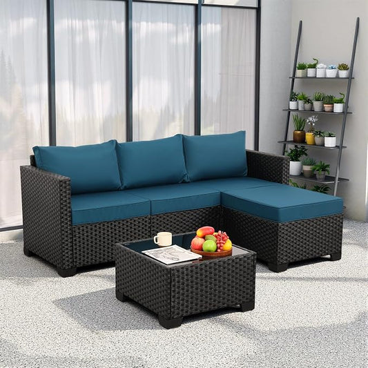 Rattaner Outdoor Furniture Set 3 Pieces Wicker Patio Furniture Outdoor Sectional Patio Couch Outdoor Coffee Table All-Weather Non-Slip Cushions Waterproof Covers, Peacock Blue