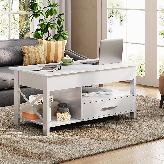 WLIVE Coffee Table, 39" Lift Top Coffee Table with Hidden Compartment, Storage Drawers and Storage Shelf for Living Room, Reception Room, White