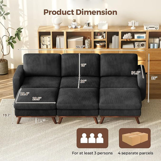 Vesgantti 97" Modular Sectional Sofa Black, Sectional Couch with Movable Ottoman, Comfy Corduroy Couch with Spring Cushion, Modular Sofa with Deep Seat for Living Room, Bedroom and Apartment