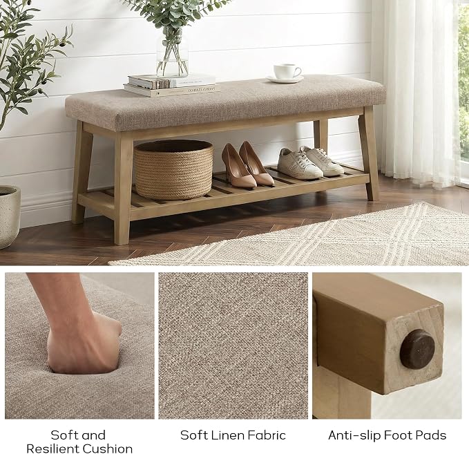 Entryway Bench with Cushion, Upholstered Shoe Rack Bench with Solid Wood Shelf, 44" End of Bed Bench for Bedroom, Chenille Fabric Storage Bench for Entryway, Hallway, Living Room (Brown)