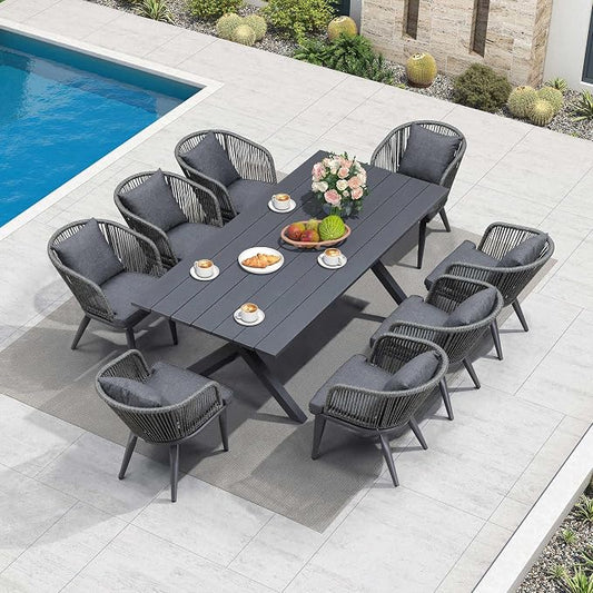 PURPLE LEAF 9 Pieces Patio Dining Set Wicker Outdoor Furniture Rectangular Table and Chairs Set for Garden Deck Aluminum Frame Backyard Kitchen Set, Cushions and Pillows Included Grey