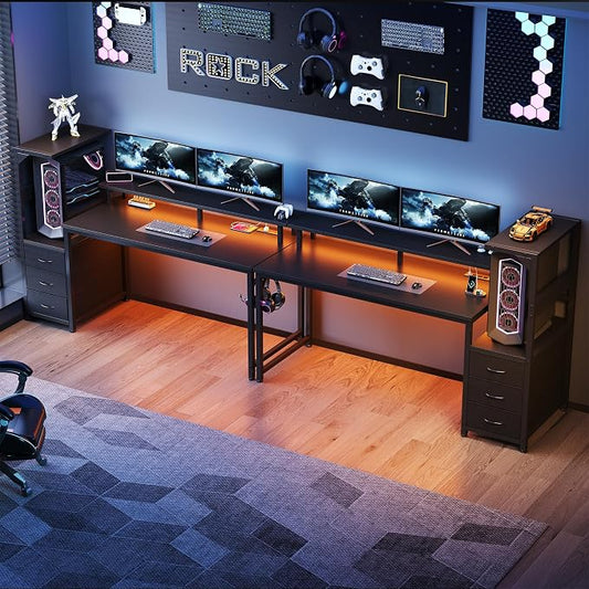 DUMOS 59” Gaming Desk with USB Charging Ports & LED Lights, Reversible Computer Desk with Drawers, PC Desk for Home Office Small Space, Gaming Table Fits PC Towers, Black