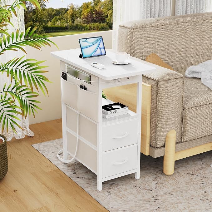 Yenlure Small Side Table with Charging Station, Narrow Nightstand Bedside Tables with Storage Pocket for Living Room Bedroom, Sofa End Table with USB Ports and Power Outlets for Small Spaces