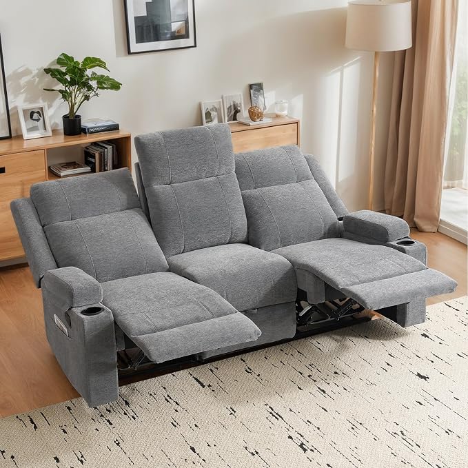 75'' Manual Reclining Sofa with Storage Drawer, 3 Seat Wall Hugger Recliner Couch with Cup Holders, Side Pockets, Chenille Fabric, Compact 3-Person Recliner for RV, Living Room, Apartment (Grey)