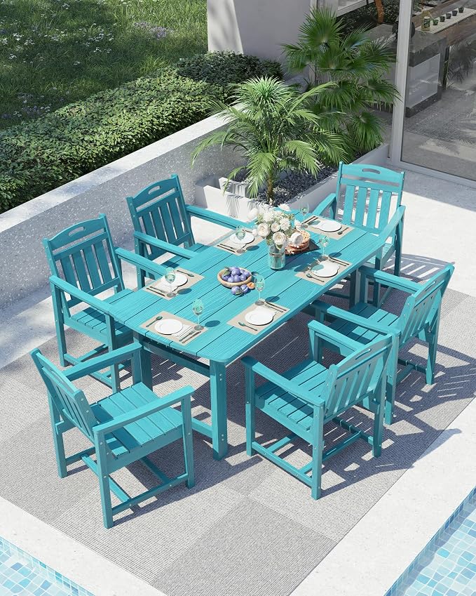 Ciokea HDPE Outdoor Dining Set, 7-Piece Patio Table and Chairs Set with Umbrella Hole, All-Weather Patio Dining Sets for 6, Durable Patio Furniture for Backyard, Garden, Lawn & Poolside, Lake Blue