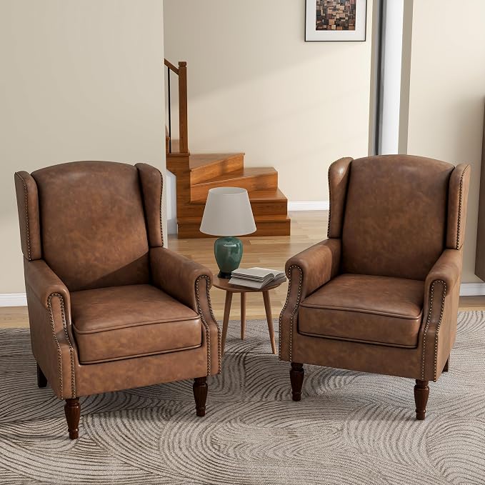 High Back Accent Chair, Faux Leather Wingback Chair Upholstered Armchair for Living Room, Retro Comfy Single Sofa Bedroom Reading Seat with Solid Wood Legs - Brown