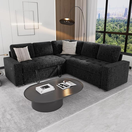 Sunny Heart Modular Sectional Sleeper Sofa with Pull Out Bed, Chenille L Shaped Sectional Sofa with USB Ports/Adjustable Backrest/Storage Seats, Tool-Free Assembly, Couches for Living Room Black