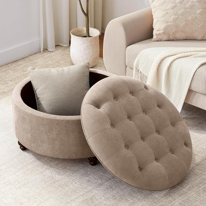 HUIMO 30-Inch Round Storage Ottoman, Modern Button Tufted Coffee Table with Removable Top, Upholstered Ottoman with Storage Footrest Stool for Living Room, Bedroom and Office(Brown)