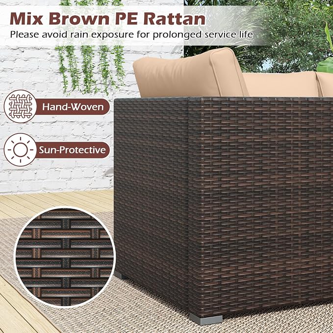 Tangkula 3 Seat Outdoor Wicker Sofa Set, Modular PE Rattan Patio Cushioned Sectional Couch Set, Outside Furniture Set for Deck, Backyard, Porch, Garden & Poolside (Brown-Beige)
