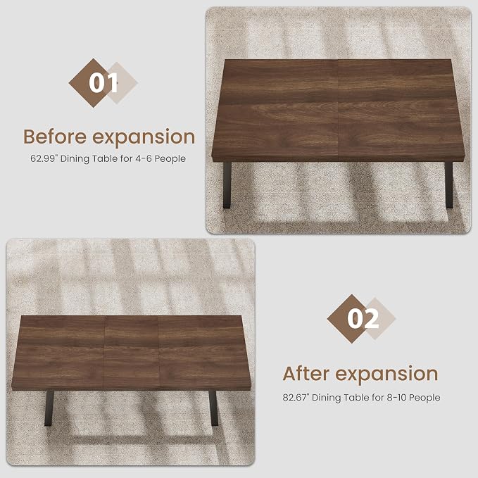 GarveeHome 63-83" Extendable Dining Table, Industrial Rectangular Dining Room Table for 6-8 People, Expandable Kitchen Table with Heavy Duty Metal Frame for Dining Room, Kitchen & Parties, Brown