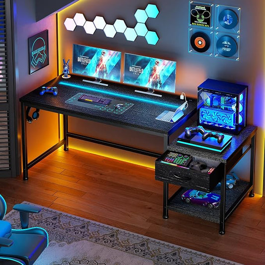 56 Inch Gaming Desk with Printer Shelf and LED Lights,Reversible Computer Desk with Drawers and Power Outlets,Study Table with Hooks for Headphone,Bags,Gamer Desk Work Desk for Teen Bedroom,Dorm
