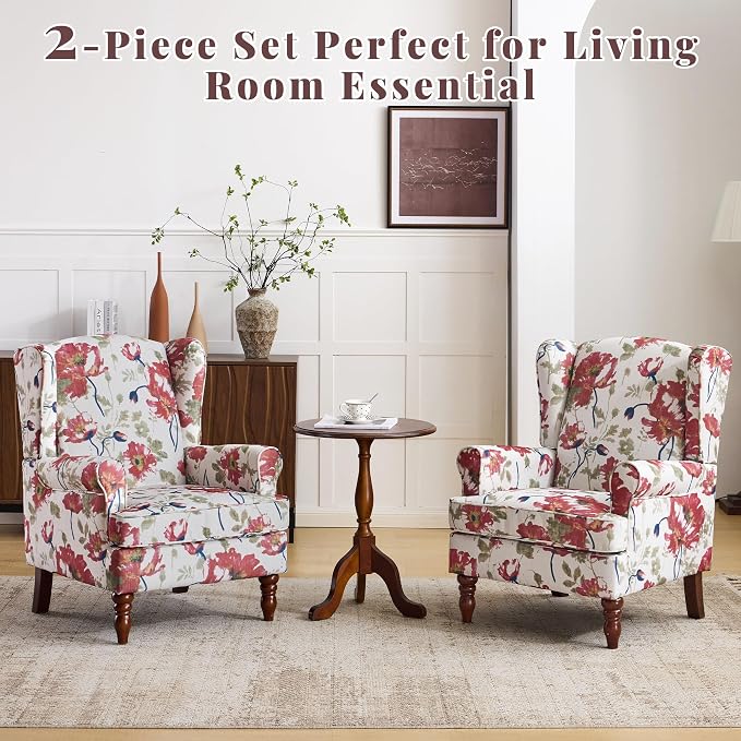 EROMMY Floral Accent Chair, Comfortable High Back Upholstered Armchair with Solid Wood Legs, Leisure Single Sofa Chair for Living Room, Bedroom, Home Office, Pink Floral