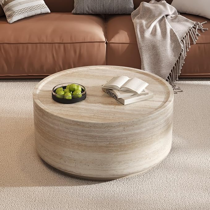 Merax 27.5" Round Coffee Table with Faux Luxury Marble Look, Drum Small Center Table with Strong Structure, Minimalist Mars Pattern End Table for Living Room, Bedroom, No Assembly Required, Beige