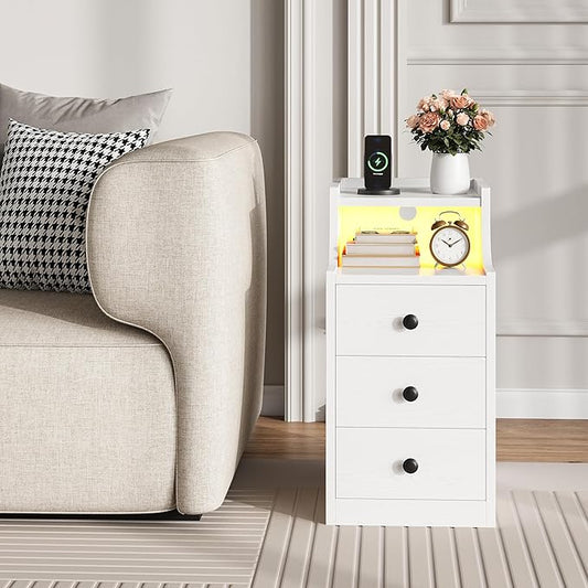 LIKIMIO Narrow Nightstand with Charging Station and LED Lights, Modern Night Stand, End Table with 3 Drawers, Open Shelf, Side Table for Living Room/Bedroom, White