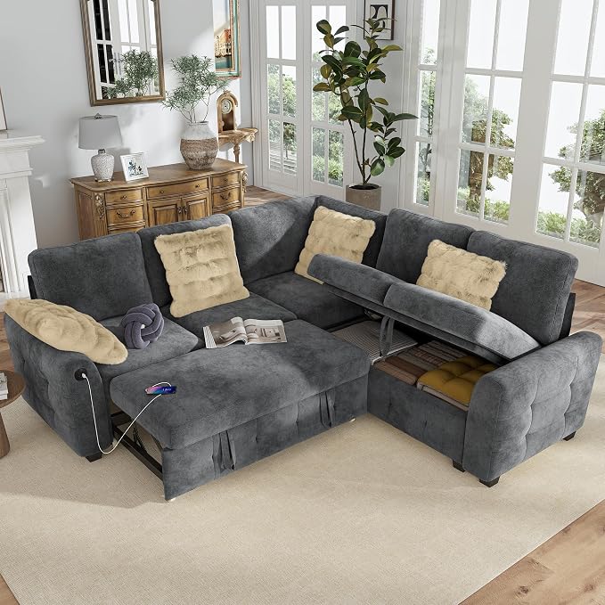 Hanherry Sectional Couch with Pull Out Sofa Bed,Chenille Sleeper Sofa with 2 Seat Storage & USB Charging,Comfy L Shaped Modular Couches for Living Room,Apartment