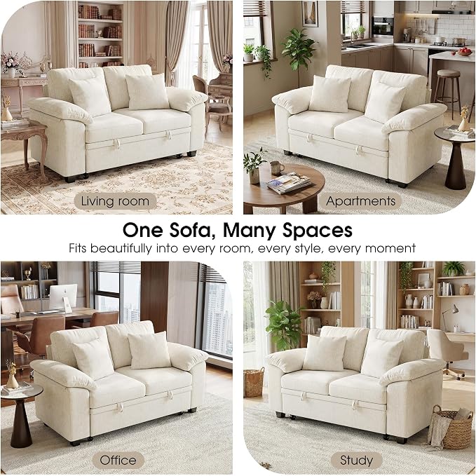 WorthFurni 61” Pull Out Couch, 2 in 1 Sleeper Sofa Bed with Throw Pillow, Convertible Small Loveseat Sleeper Couch for Living Room, Bedroom, Apartment (Beige)